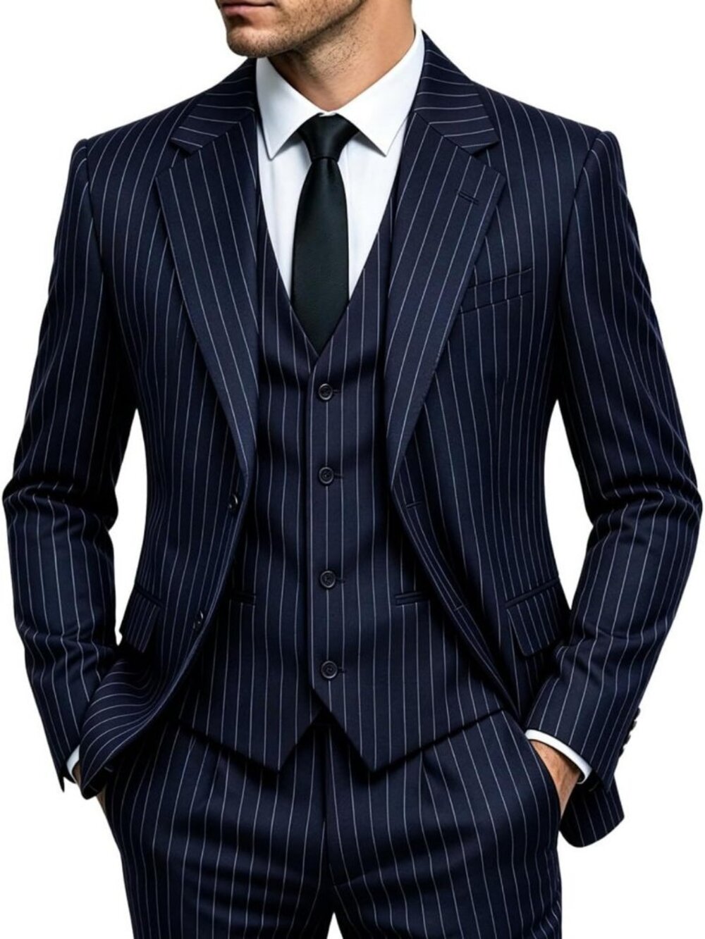 Slim Fit 3-Piece Pinstripe Tuxedo Suit Set for Men - Blazer, Vest & Pants